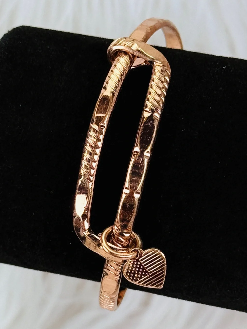Rose Gold Tone Double-Band Heart Charm Bangle Bracelet